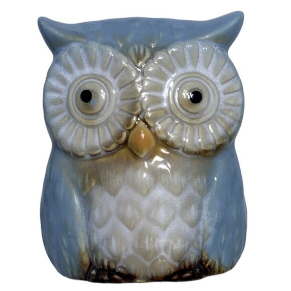 Owl Napkin Holder Ceramic Artisan Hand Painted Functional Counter Art Blue Tan - Picture 4 of 11